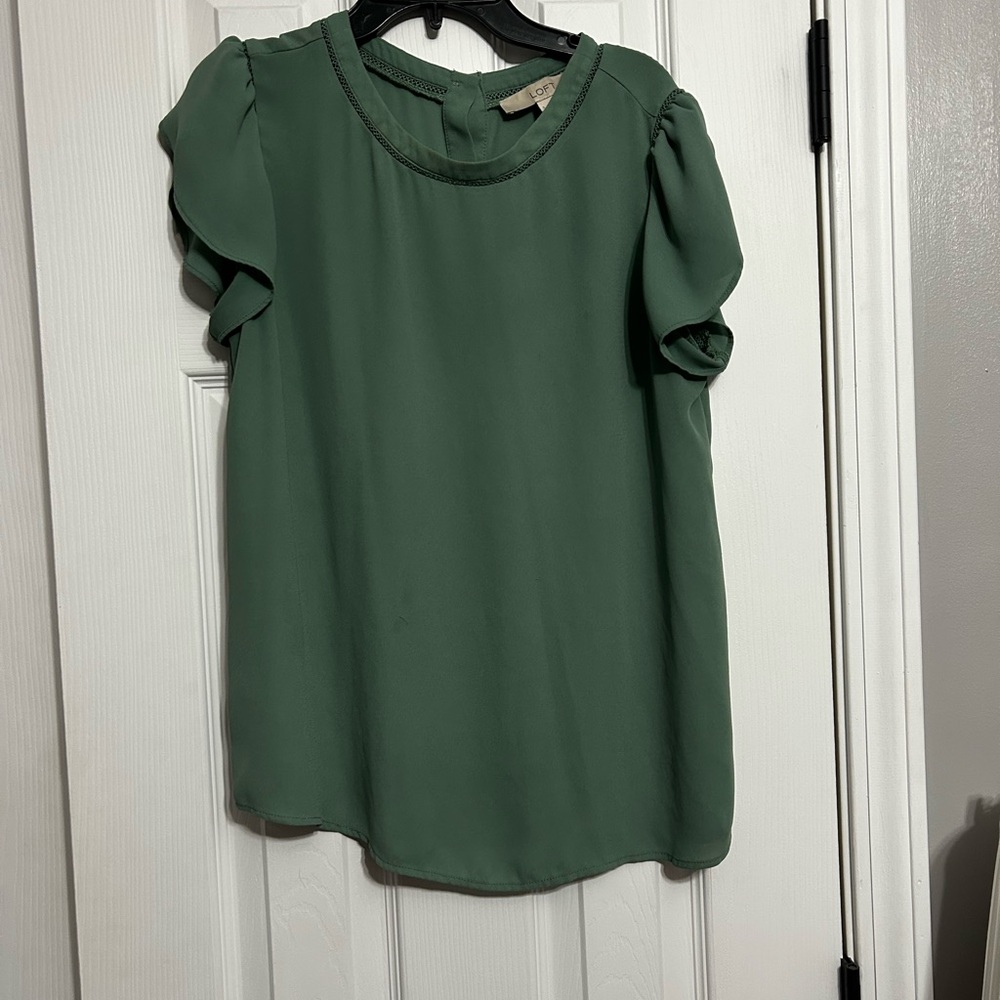 LOFT Green Ruffle Sleeve Blouse